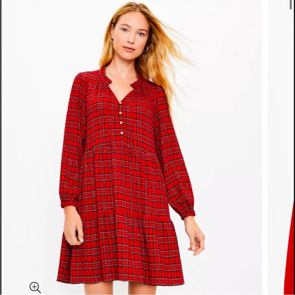 LOFT Ann Taylor Shimmer Red Plaid Tiered mini Dress size large gold buttons tie - Picture 3 of 16